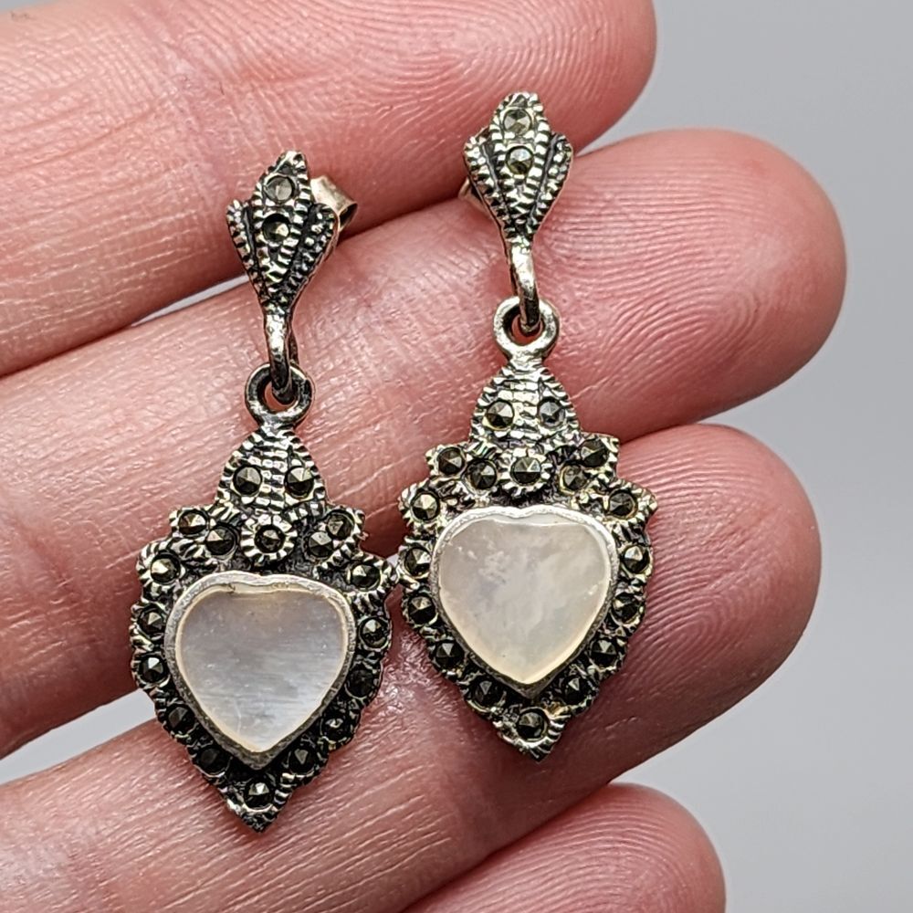 Vintage Sterling Silver Mother of Pearl Heart Marcasite Drop Dangle Earrings 925
